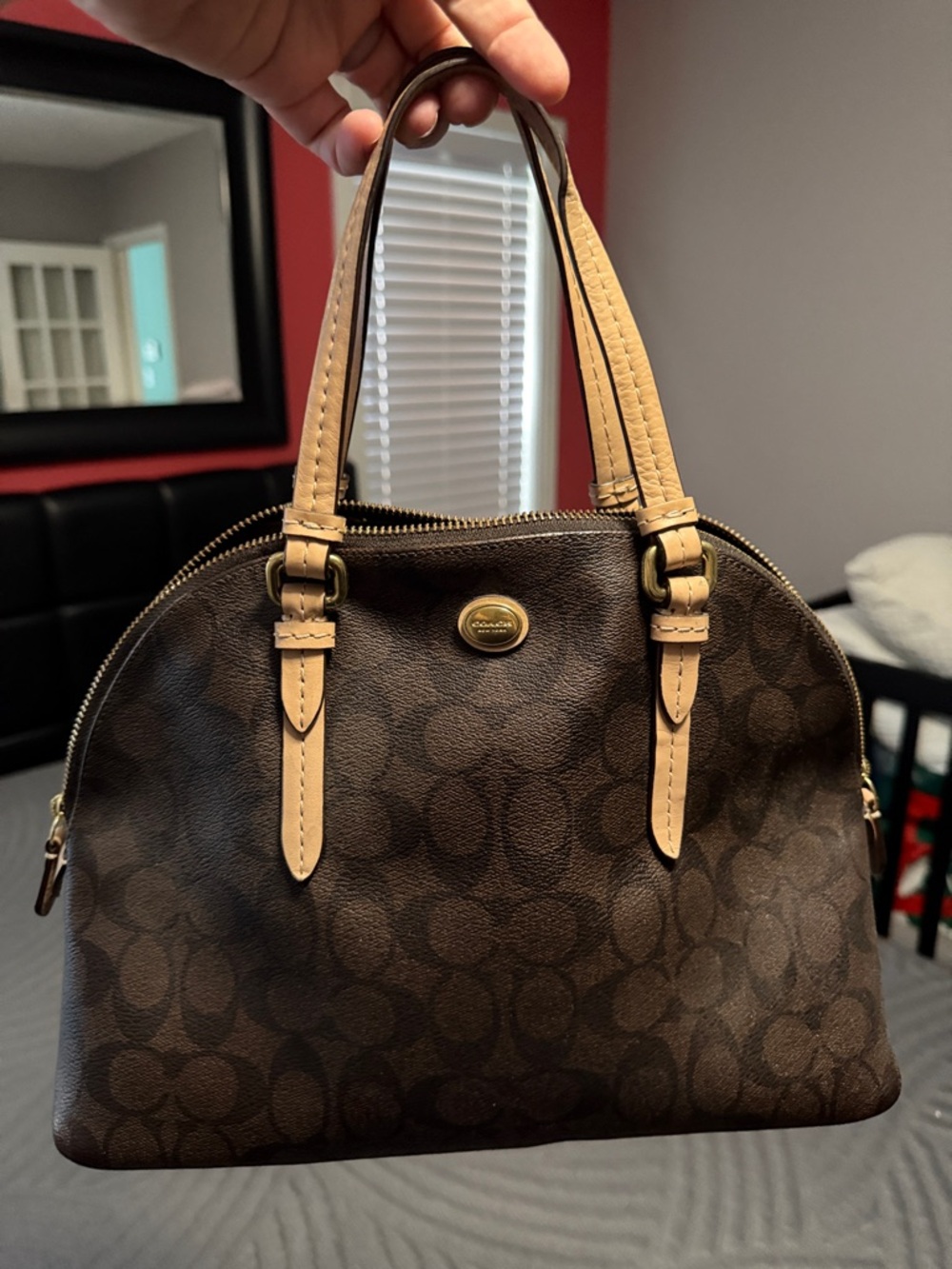Coach Brown Signature Dome Satchel with Tan Handles and matching wallet